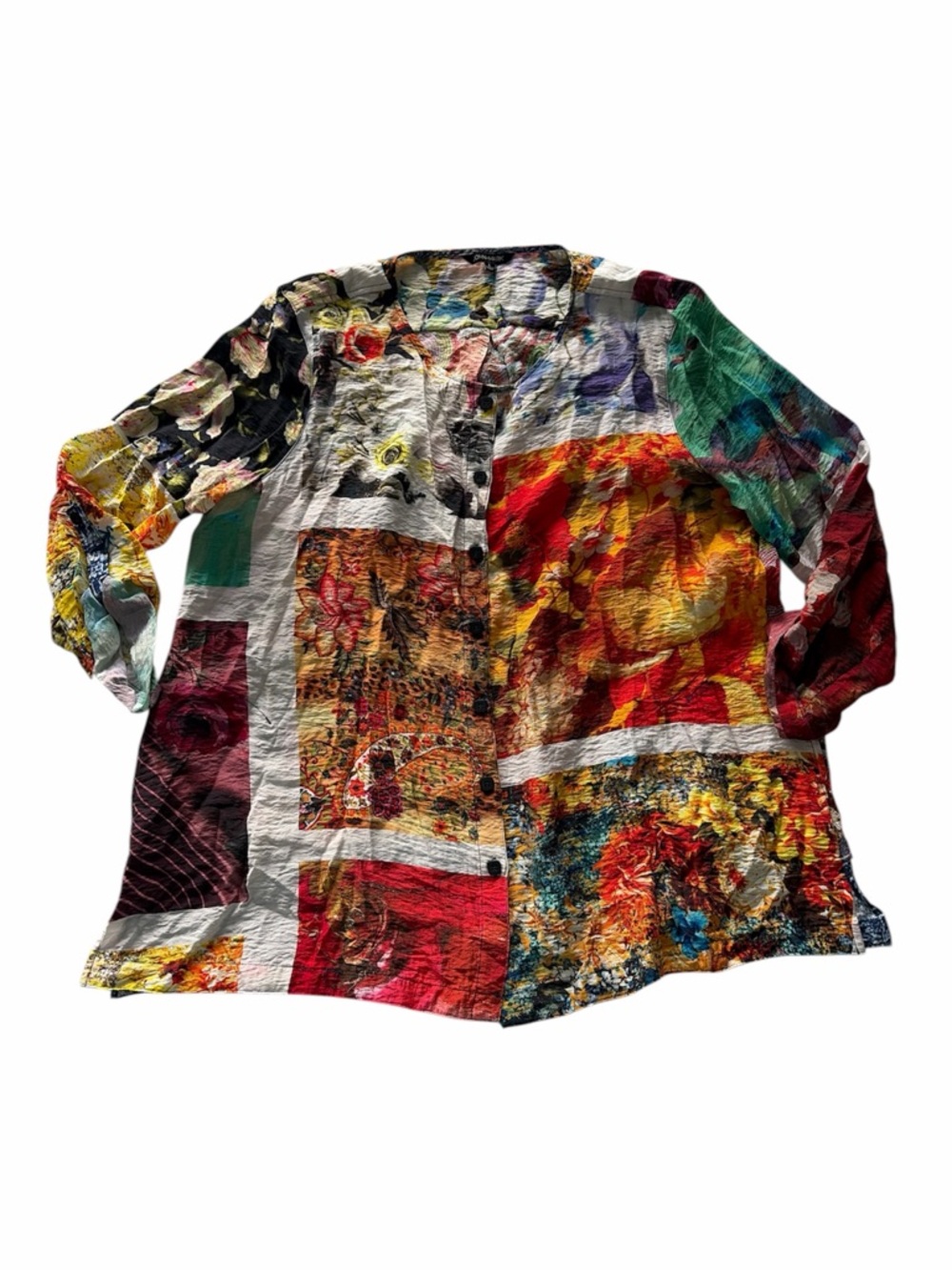 John Mark Top Blouse Sz L Patchwork Art-to-Wear Button-Down Colorful Boho
